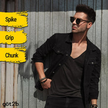 Hair styling promo graphic with yellow Spike, Grip, Chunk callouts and got2b text
