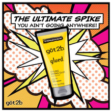 Comic-style promo card featuring got2b glued styling spiking hair gel tube