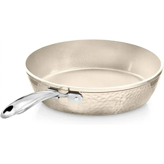 Gotham Steel Hammered 10 Inch Non Stick Frying Pans with Lid Dishwasher Safe – Cream