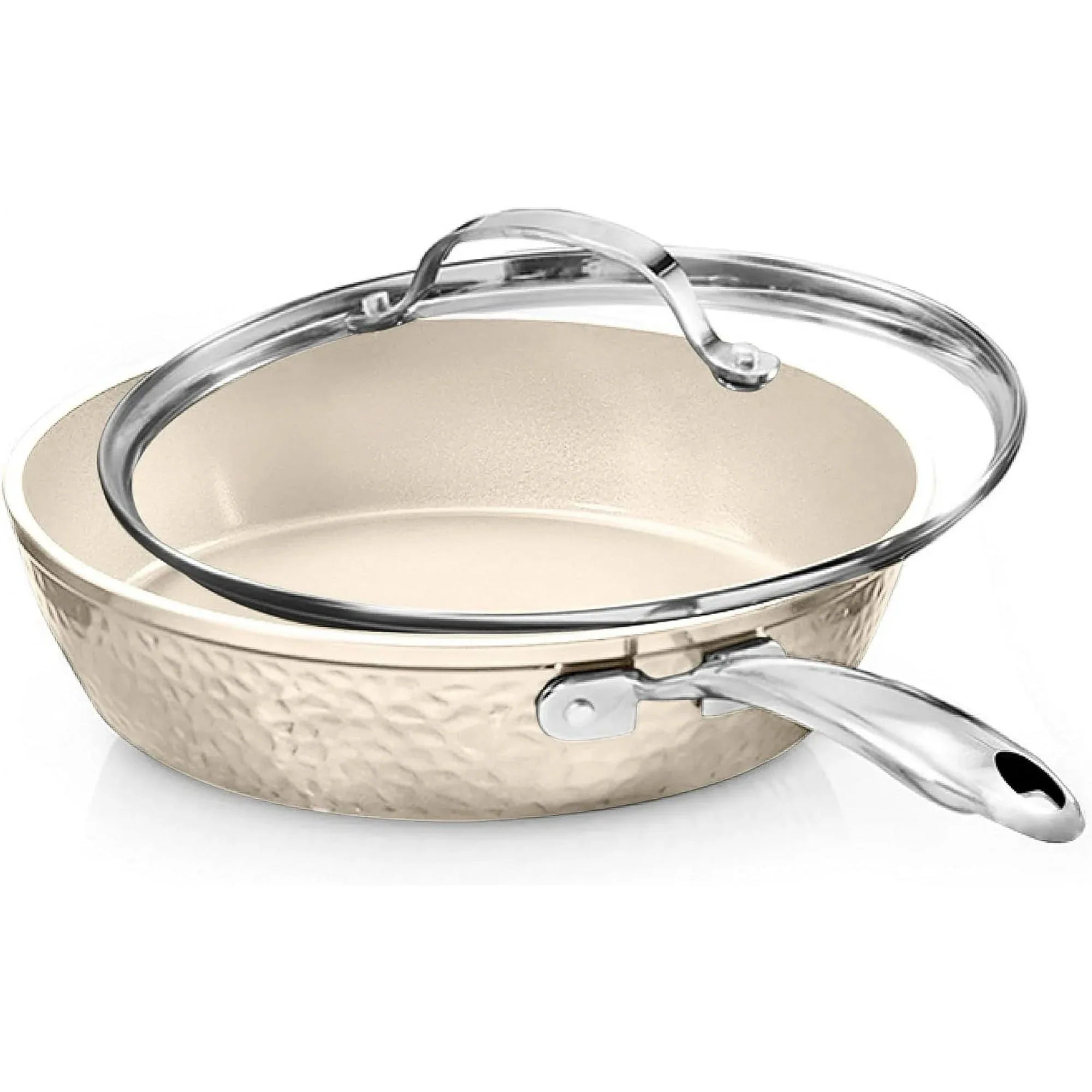 Gotham Steel Hammered 10 Inch Non Stick Frying Pans with Lid Dishwasher Safe – Cream