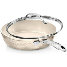 Cream hammered nonstick frying pan with tempered glass lid and stainless handle