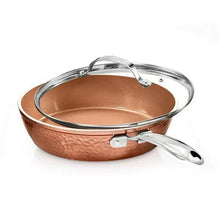 Hammered copper nonstick frying pan with stainless lid and long handle