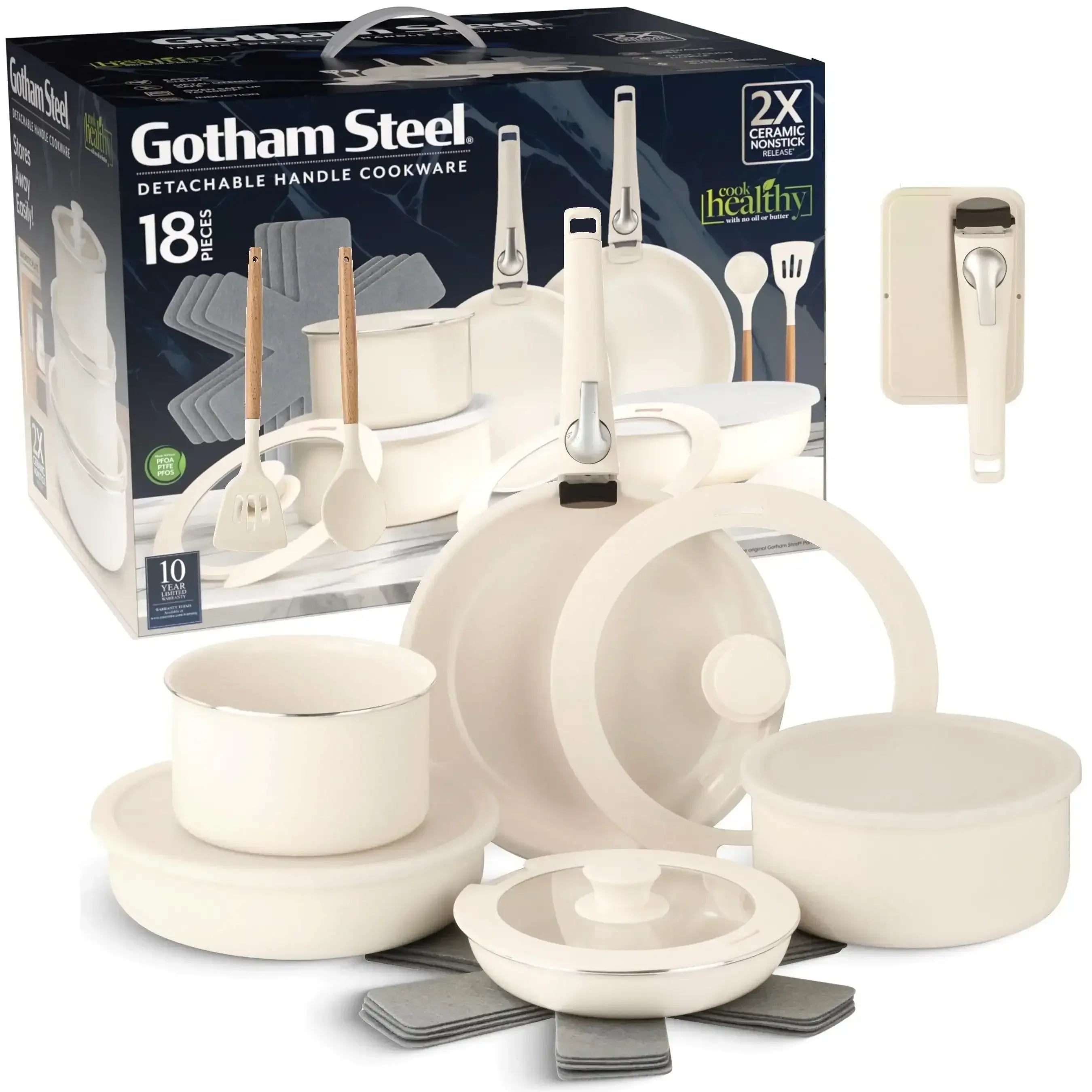 Gotham Steel 18 Pcs Pots and Pans set Non Stick, Ceramic Pan Cookware Set W/ Detachable Handle, RV Kitchen Cooking Set with Secure Lock Removable Handles, Oven Safe Nonstick Pan Set