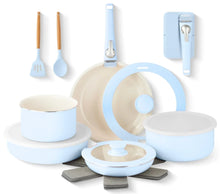 Light blue ceramic nonstick pots and pans set with lids and detachable handles