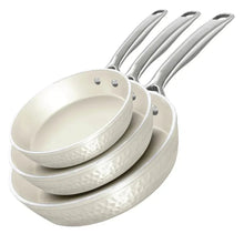 Cream hammered ceramic nonstick skillet set, three stackable pans with silver handles