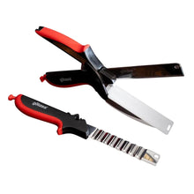 Gotze 3-in-1 kitchen shears set with two red-and-black handles and toothed blade
