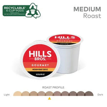 Medium roast K-Cup pods, two white cups with red Hills Bros. Gourmet lid