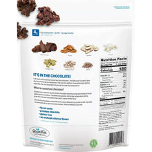 Dark chocolate keto cluster package back panel with Nutrition Facts and icons