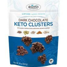 Dark chocolate keto cluster pouch with visible snack clusters on front label