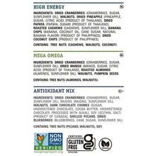 Trail mix snack bag ingredient list with dietary icons and allergen info