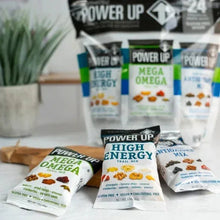 Trail mix variety pack snack bags on a table in high energy, mega omega, antioxidant