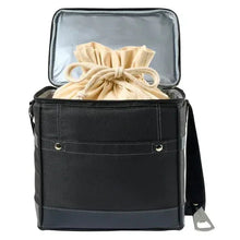 Black insulated cooler bag with zipper top and adjustable shoulder strap