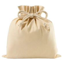 Cream fabric drawstring gift pouch with tied cord closure