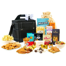 Black insulated cooler bag gift set with assorted snacks and candy