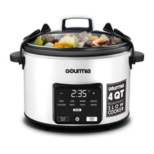Gourmia 4.5 qt programmable slow cooker in white with black lid and control panel
