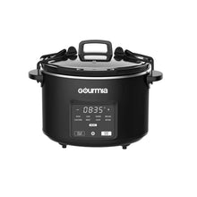 Black Gourmia programmable slow cooker with digital control panel and viewing display.