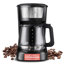 Black 12-cup coffee maker with glass carafe and drip-free spout