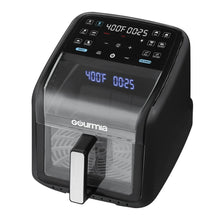 Black digital air fryer with panoramic viewing window and holographic display screen