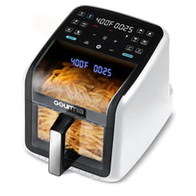 White digital air fryer with panoramic viewing window and touch control display