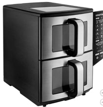Dual-basket air fryer with black-and-stainless body, two front drawers, side control panel