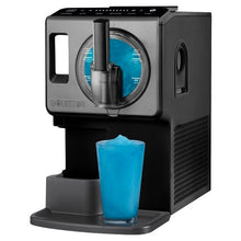 Automatic frozen drink maker dispensing blue slush into a clear glass