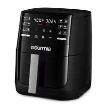 Black Gourmia 6-qt air fryer, front display and stainless pull handle