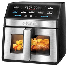 Digital air fryer front with viewing windows, food inside, black and silver