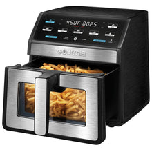 Digital air fryer with open drawers, front window showing fries, black and silver