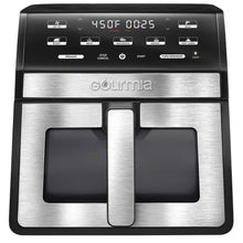 Digital air fryer with window and light, front control panel in black and silver