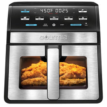 Digital air fryer front with two-window basket, food inside, black and silver