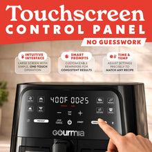 Black Gourmia air fryer control panel with digital timer display and touch buttons