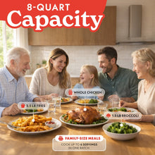 Black 8 qt air fryer on countertop with front viewing window and basket handle