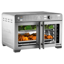 Stainless steel countertop oven with French doors open, interior racks and fan visible