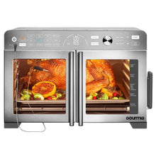 Stainless steel French door countertop oven with air fry doors open, cooking tray and roast inside