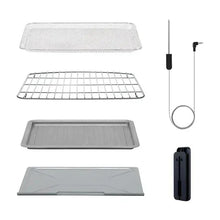 Air fryer oven accessory set with mesh rack, drip tray, and temperature probe.