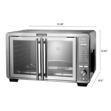 Stainless steel countertop air fryer oven front view with digital control panel.