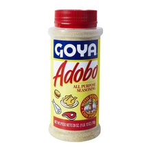 All-purpose seasoning bottle with GOYA Adobo label and red cap, pepper seasoning mix