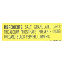 Ingredients label for Goya Adobo all-purpose seasoning: salt, garlic, oregano, pepper