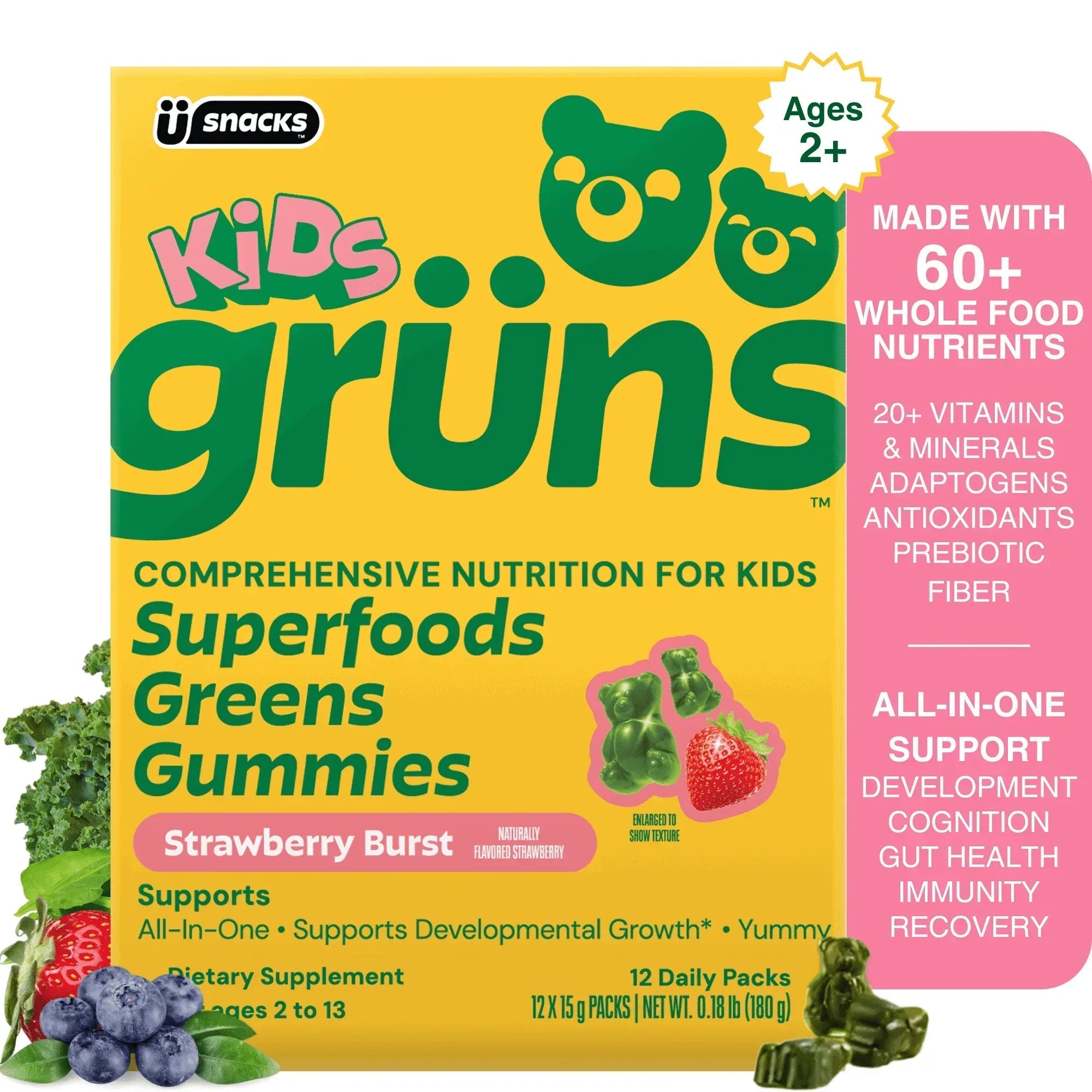 Gruns Kids Sugar-Free Super Greens Gummies, 21+ Vitamins & Minerals, 60 Organic Ingredients, Ages 2+, 12 Servings
