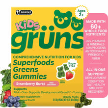 Kids super greens gummy package with green bear branding and sugar-free label, Ages 2+