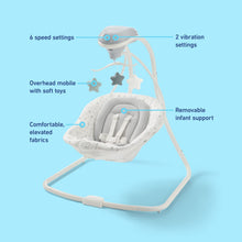 Graco baby swing feature view with overhead mobile, vibration settings, and infant support