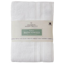Bath towel 6-pack, white terry towels with stitched border and vertical stripe pattern