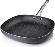Square nonstick frying pan with dark speckled interior and silver metal handle.