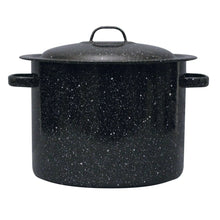 Speckled black stock pot with matching lid and side handles