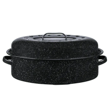 Covered oval roaster with black speckled lid and side handles, granite-style