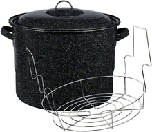 Enamel water bath canner pot with lid and wire canning rack, black speckle finish