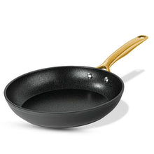Black nonstick frying pan with gold handle, hard anodized aluminum construction.
