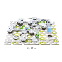Assembled kinetic blast marble run layout, white track with lime green and blue sections