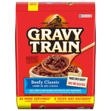 Dry dog food bag with red packaging and Beefy Classic flavor label