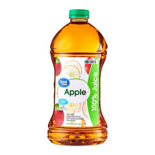 Apple juice bottle with green cap, amber liquid, Great Value label